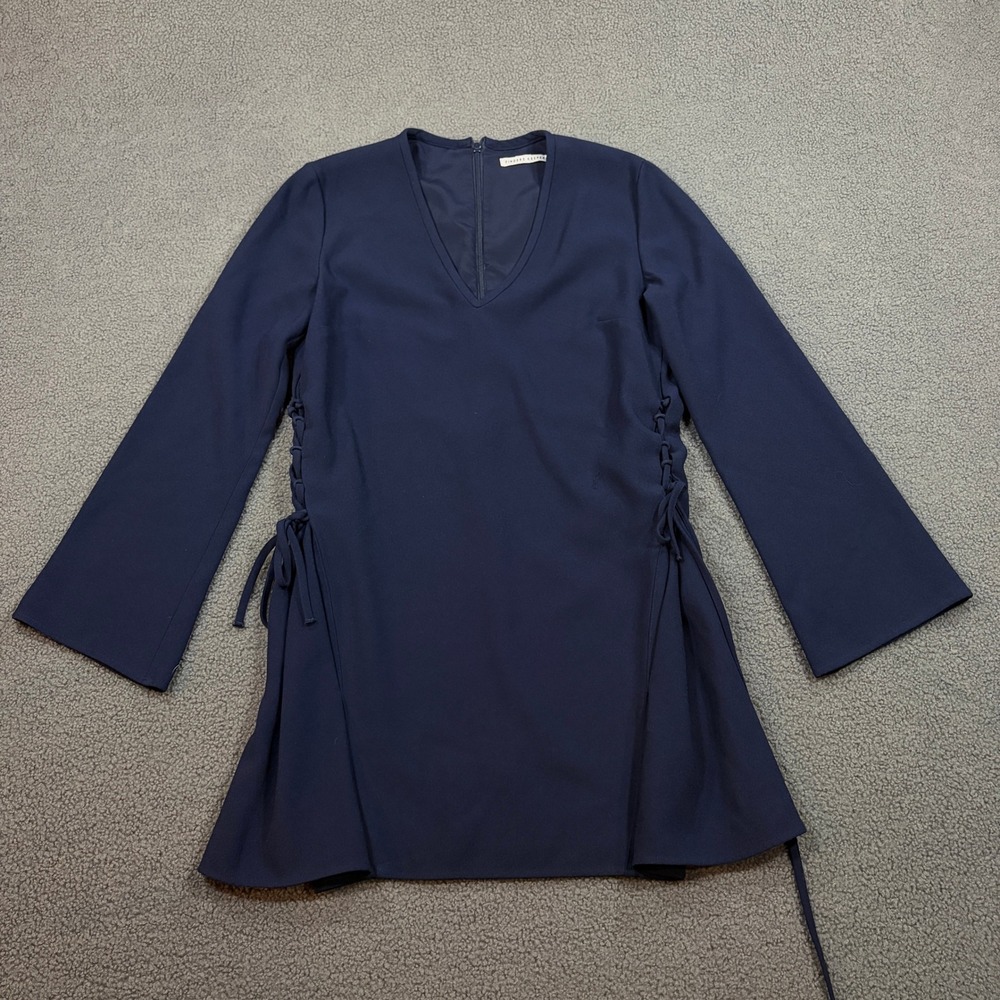 Finders Keepers Tunic Top Womens Small Navy Blue Lace Up Side Bell Sleeve V-Neck
